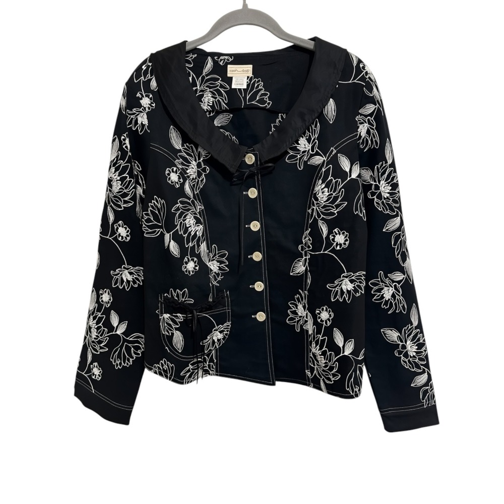 Neesh Embroidered Button Up Jacket Women’s L Black Floral Linen Blend Pockets